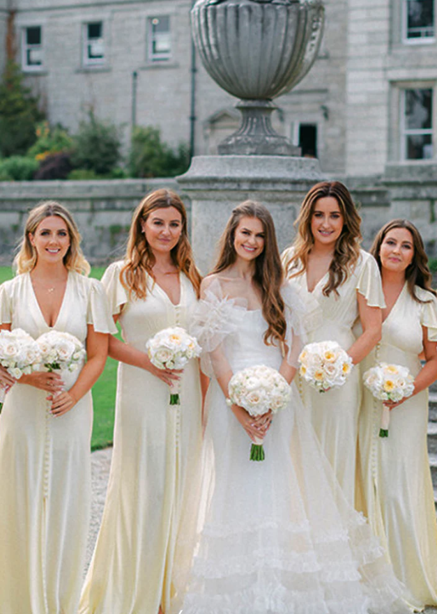 Cream V-neck Short Sleeves Column Elegant Long Bridesmaid Dresses SH5582