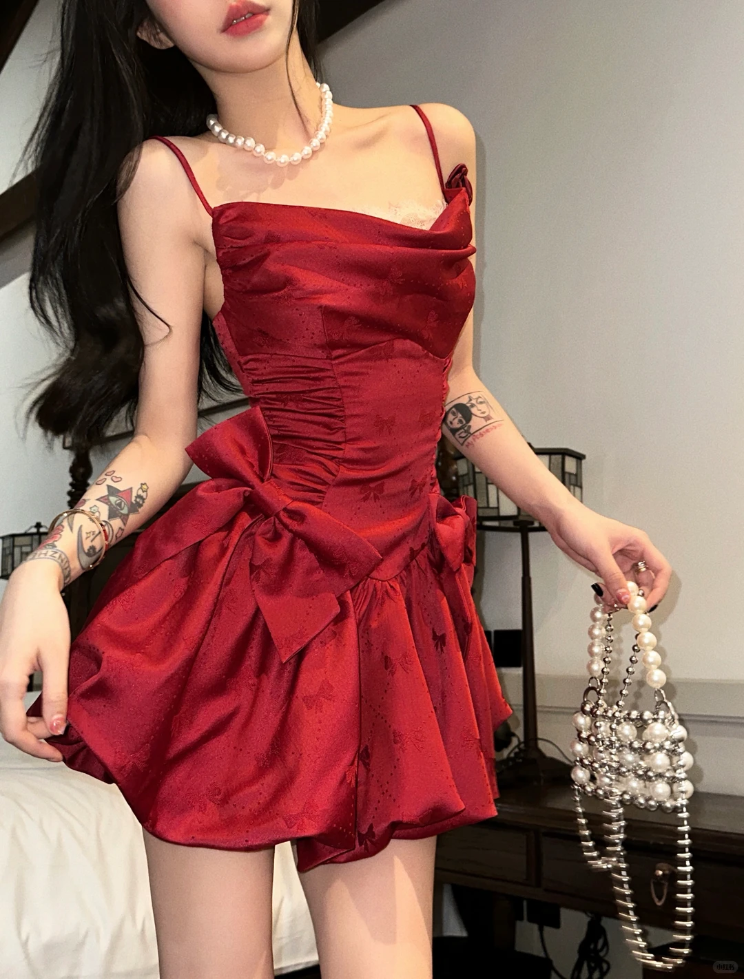 Sexy Red Bow A Line Spaghetti Strap Satin Short Homecoming Dress Outfits SH5827