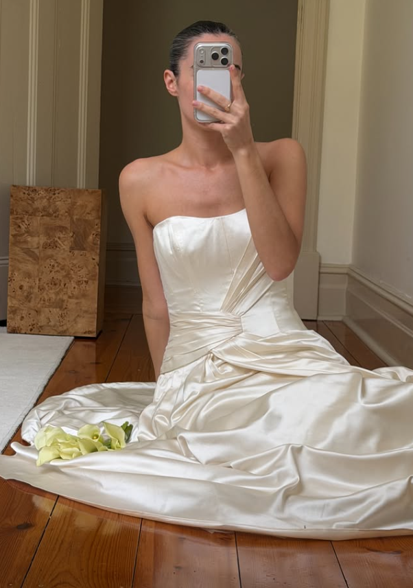 Vintage A Line One Shoulder Ivory Satin Long Wedding Dress SH8477