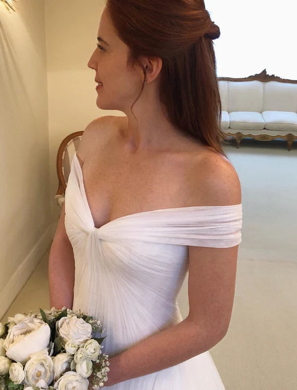 White Elegant A Line V Neck Pleated Tulle Long Wedding Dress SH5310