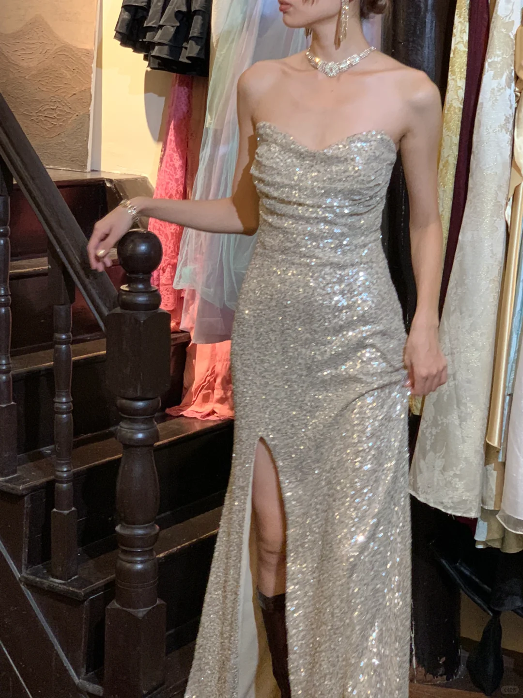 Shiny A Line Sweetheart Neck Silver Sequin Prom Dress Evening Dress with Slit SH3084