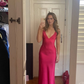 Sexy V Neck Party Dress Hot Pink Slit Prom Dress SH1178