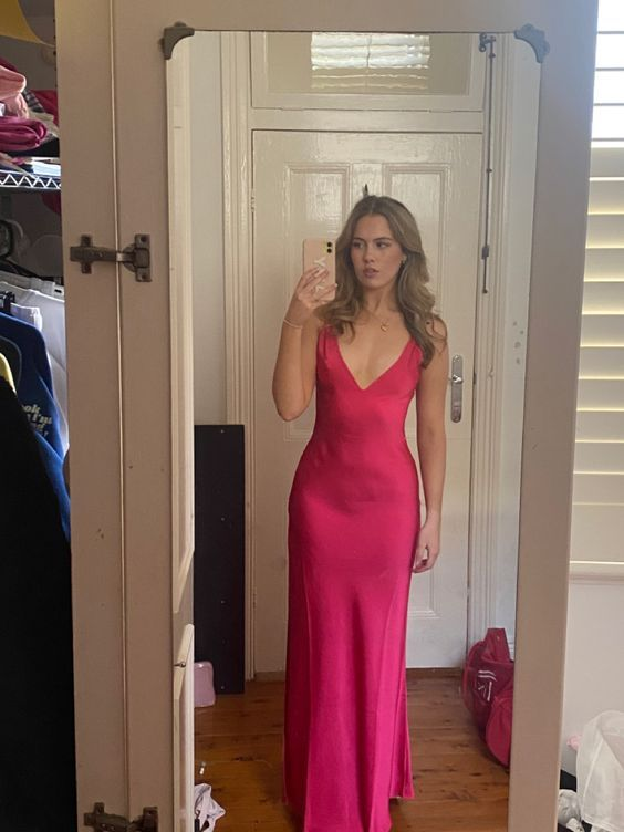 Sexy V Neck Party Dress Hot Pink Slit Prom Dress SH1178