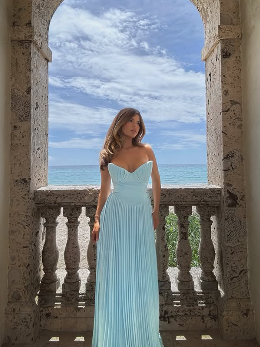 Elegant A Line Sweetheart Neck Pleated Baby Blue Satin Prom Dress SH4563
