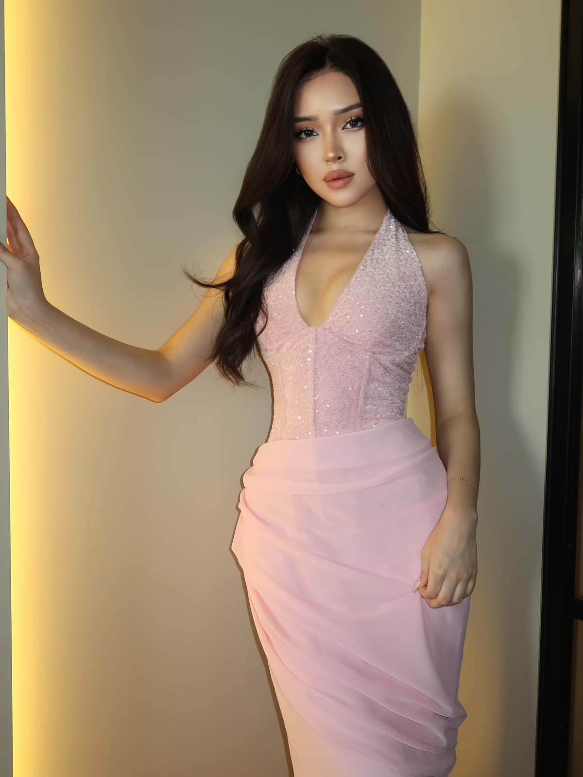 Gentle Pink Mermaid Halter Sequin Beaded Chiffon Prom Dress Evening Dress SH8558