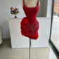 Stunning Sheath Straps Beaded Red Satin Tulle Short Homecoming Dress Cocktail Dress SH3195