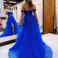 Sparkly Royal Blue Off The Shoulder Slit Long Prom Dresses, Tulle Evening Dress SH839