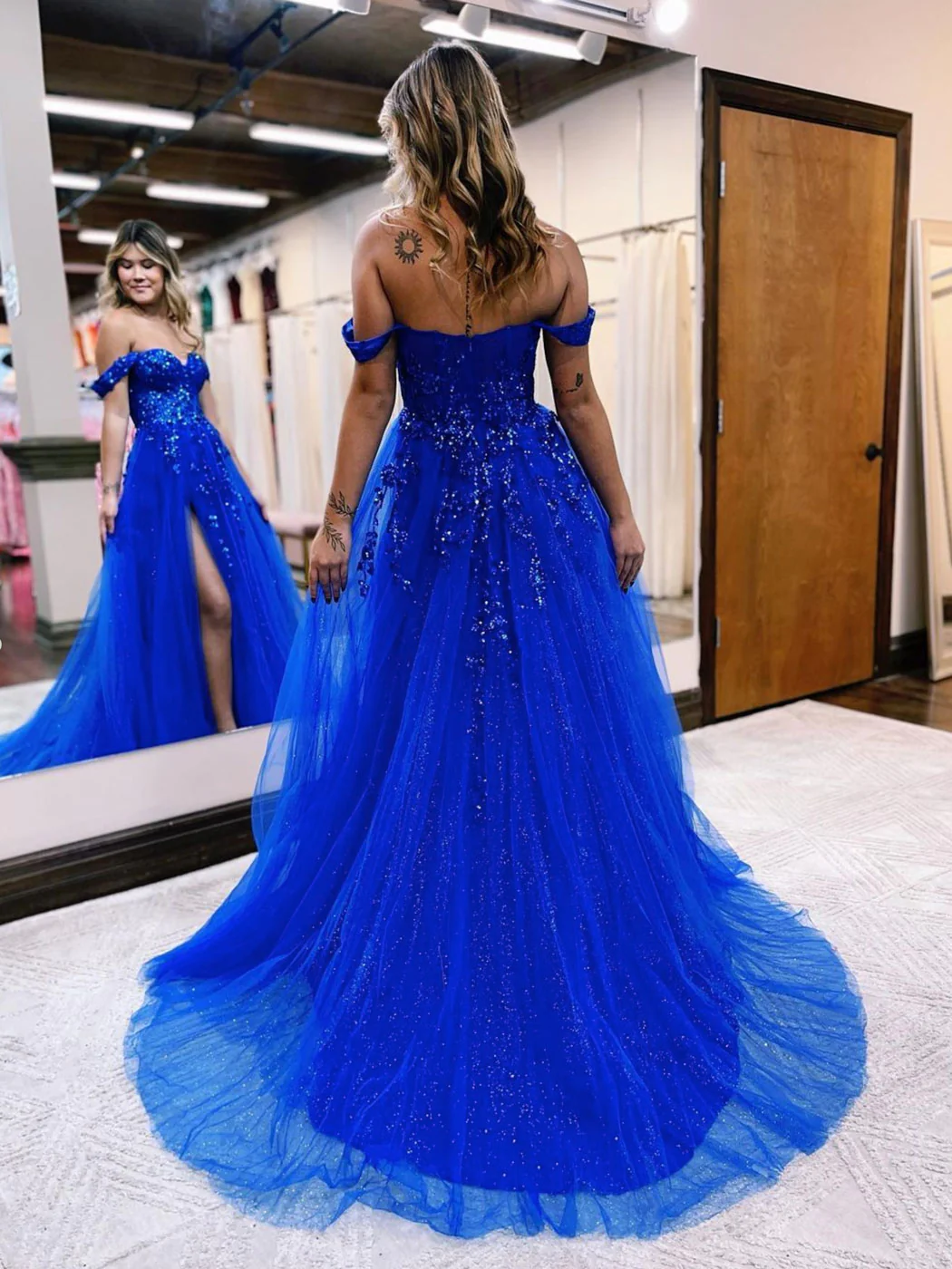 Sparkly Royal Blue Off The Shoulder Slit Long Prom Dresses, Tulle Evening Dress SH839