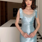 Blue Sheath Bow Straps Rhinestone Satin Long Prom Dress Wedding Guest Dress SH4274