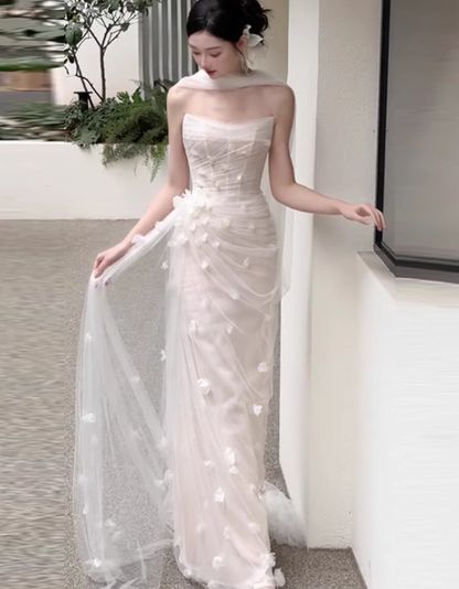 White Sheath Strapless Floral Pleated Tulle Long Prom Dress Wedding Dress SH4199