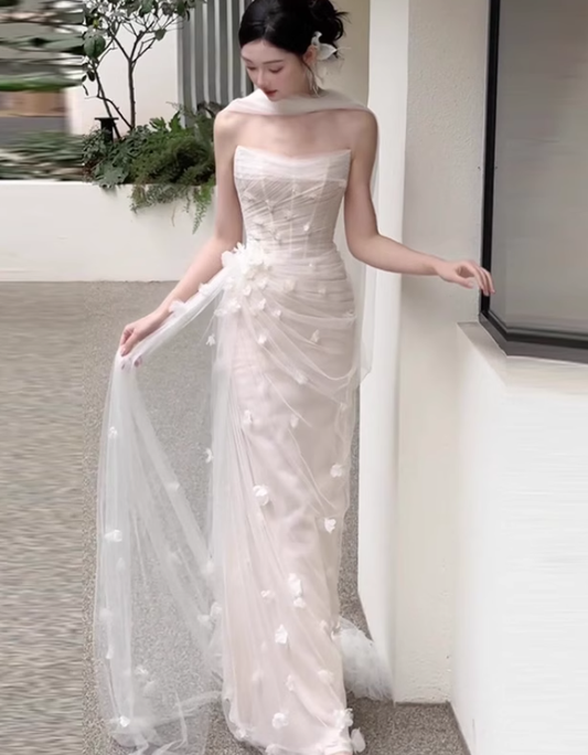 White Sheath Strapless Floral Pleated Tulle Long Prom Dress Wedding Dress SH4199