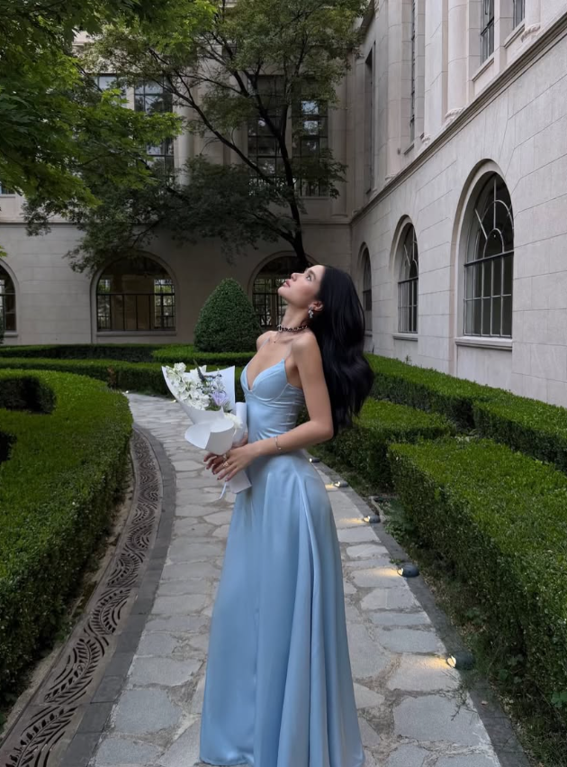 Pretty Blue A Line Spaghetti Strap Satin Long Prom Dress Evening Dress SH8790