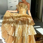 Luxurious Gold Strapless Pleated Irregular Neck Layered Prom Dress Ball Gown Quinceañera Party Dress SH1016