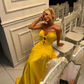 Bright Yellow Bow A Line Strapless Satin Prom Dress Evening Dress SH6344