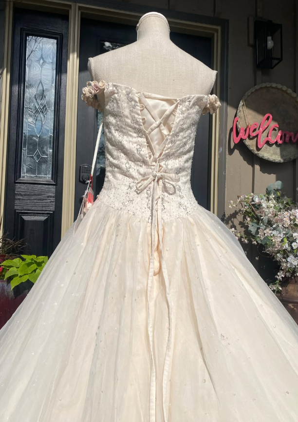 Retro A Line Off the Shoulder Beaded Light Apricot Satin Tulle Wedding Dress SH5945
