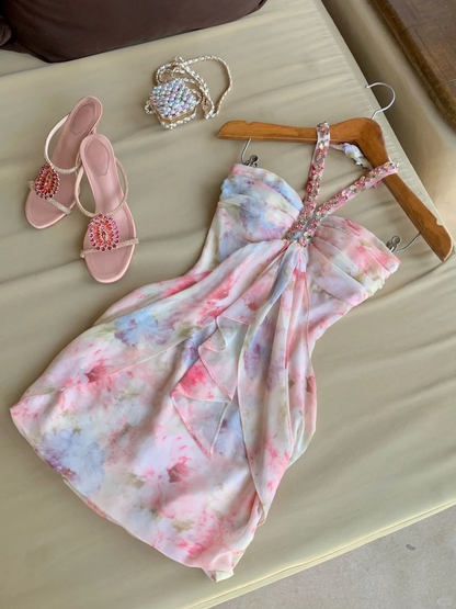 Pink Print Floral A Line Halter Beaded Chiffon Short Prom Dress Homecoming Dress SH5837
