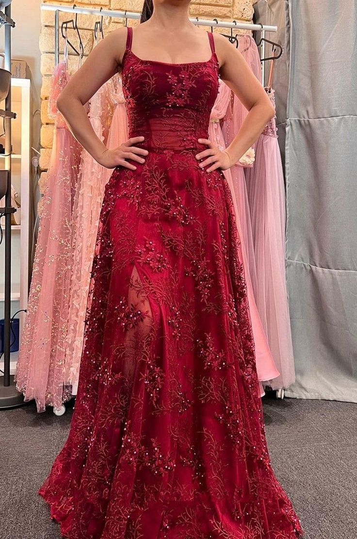 Beautiful Satin Spaghetti Straps Lace Appliques Prom Dress Evening Dress SH1225