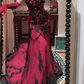 Sexy Burgundy Mermaid Spaghetti Strap Black Lace Tulle Long Prom Dresses SH4633