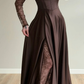 Elegant Brown A Line Long Sleeve Lace Satin Prom Dress Wedding Guest Dress SH5394