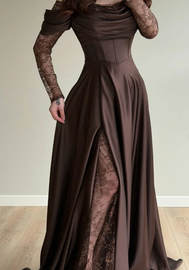Elegant Brown A Line Long Sleeve Lace Satin Prom Dress Wedding Guest Dress SH5394