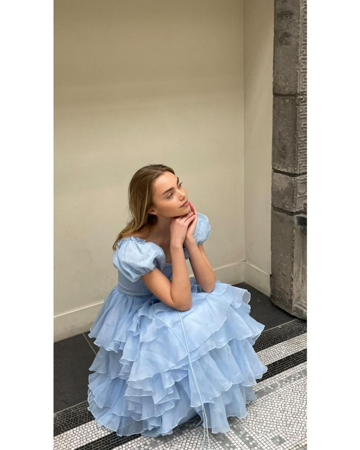 Cute Blue Tulle Tiered Hepburn Princess Prom Dress Evening Dress Ball Gown SH1234