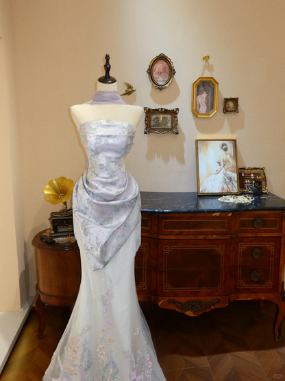 Stunning Mermaid Strapless Beaded Embroidery Print Satin Tulle Prom Dress Evening Dress SH7379