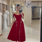 Gentle A Line Off the Shoulder Red Beaded Velvet Long Prom Dress SH5303