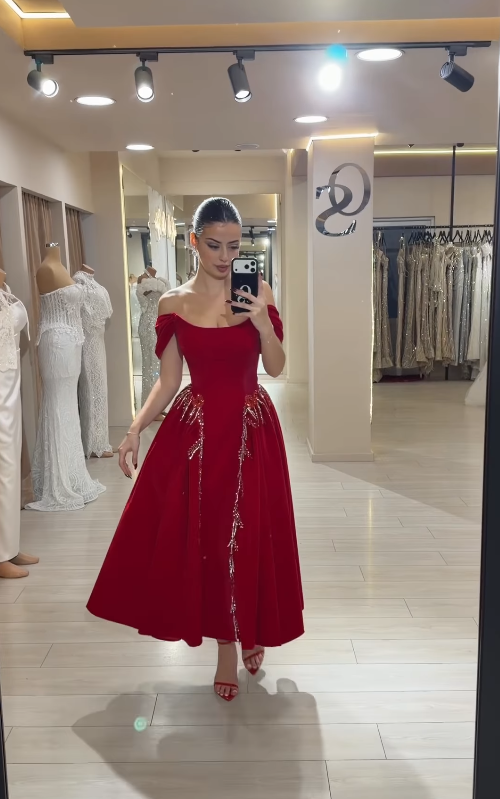 Gentle A Line Off the Shoulder Red Beaded Velvet Long Prom Dress SH5303