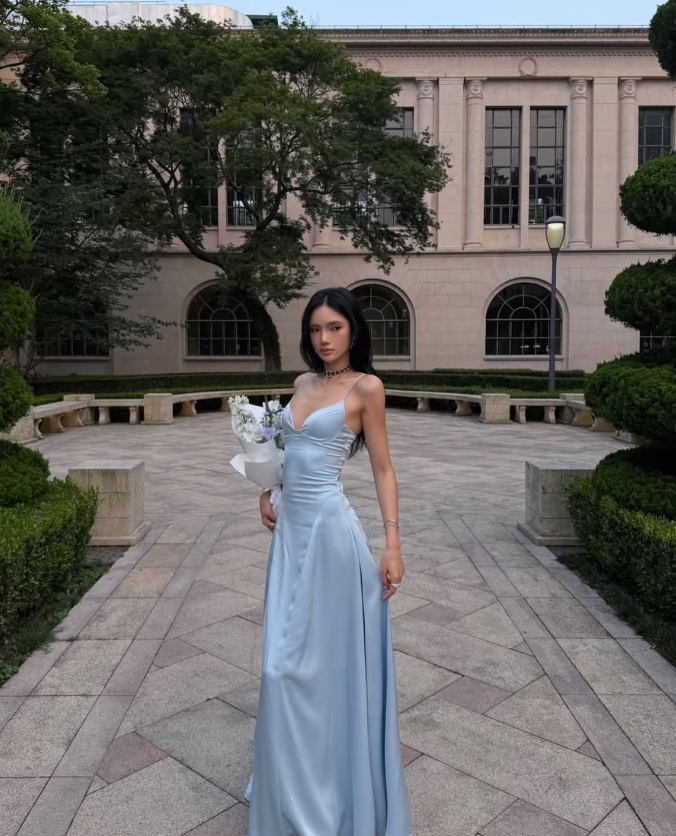 Pretty Blue A Line Spaghetti Strap Satin Long Prom Dress Evening Dress SH8790