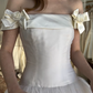 Retro Unique A Line Strapless Bow White Tulle Satin Wedding Dress SH6089