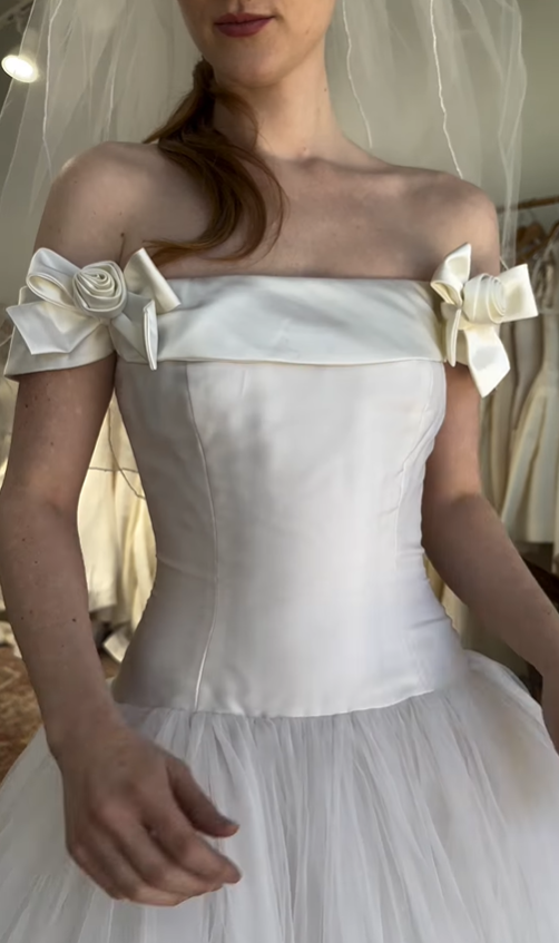 Retro Unique A Line Strapless Bow White Tulle Satin Wedding Dress SH6089