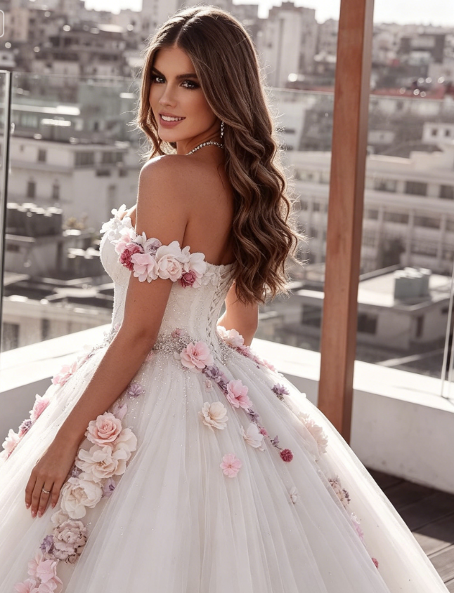 Off Shoulder Tulle Ball Gown Wedding Dresses Floral Flowers Beaded P54 –  shinydress