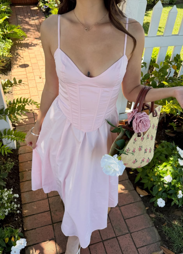 Light Pink A Line Spaghetti Strap Corset Satin Prom Dress Vacation Dress SH6255