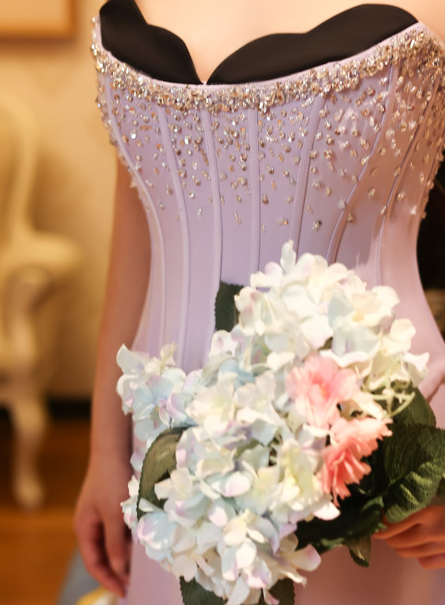 Lilac A Line Sweetheart Neck Beaded Satin Chiffon Long Prom Dress Evening Dress SH2370