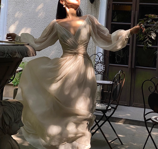 Elegant A Line Long Sleeve White Chiffon Long Prom Dress Party Dress SH4035
