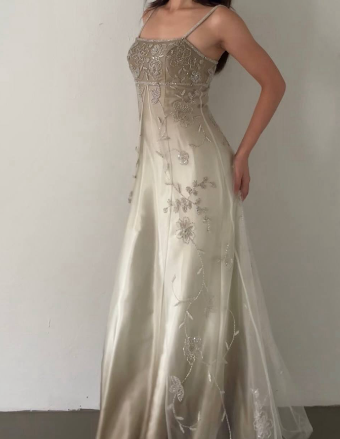 Vintage A Line Spaghetti Strap Beaded Tulle Grey Ombre Satin Prom Dress Graduation Prom Dress SH2659