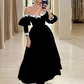 Elegant A Line Long Sleeve Pearl Black Velvet Long Prom Dress SH5301