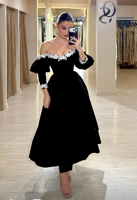 Elegant A Line Long Sleeve Pearl Black Velvet Long Prom Dress SH5301