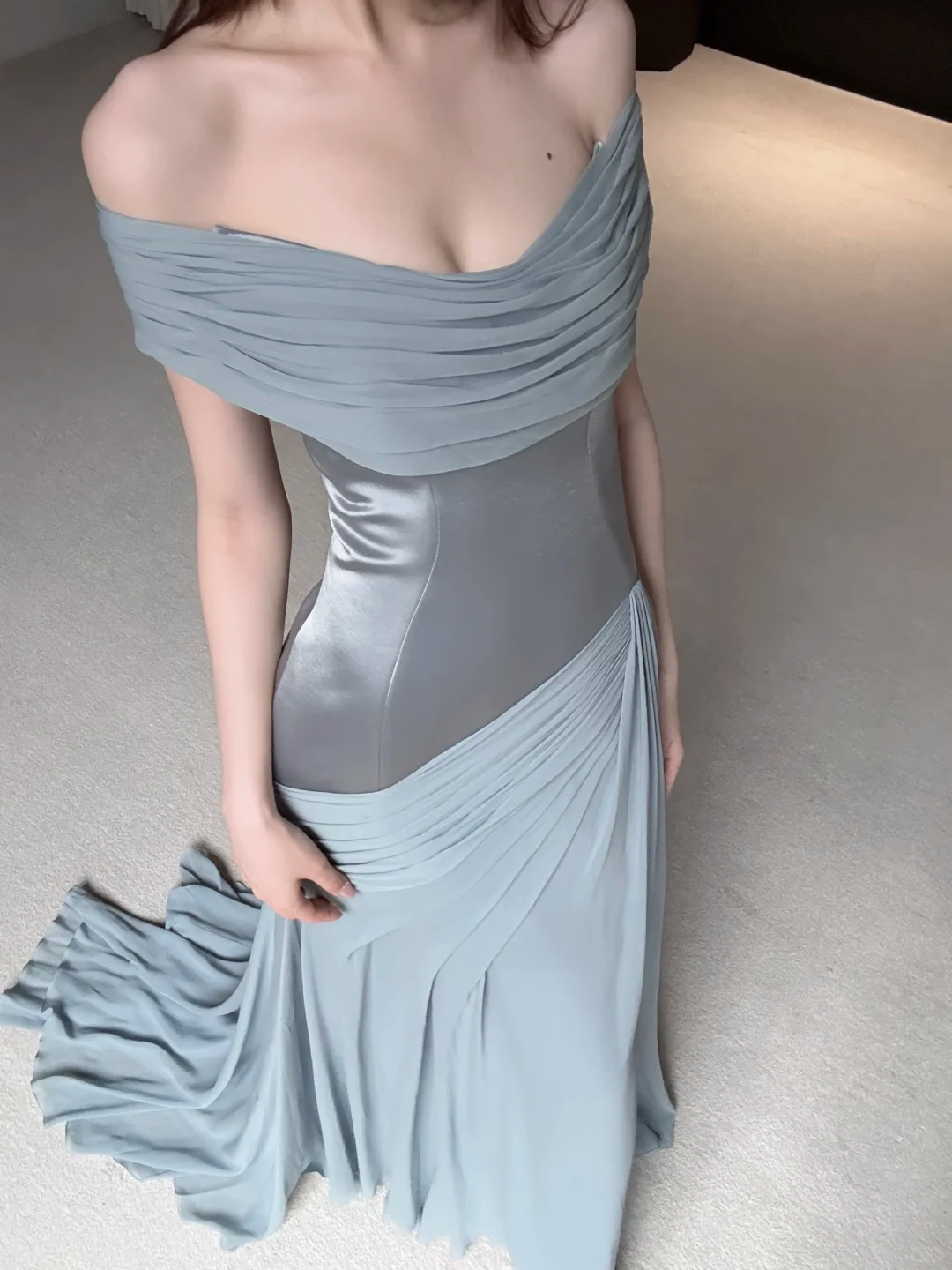 Unique Blue Mermaid Off the Shoulder Chiffon Satin Long Prom Dress Evening Dress SH7703