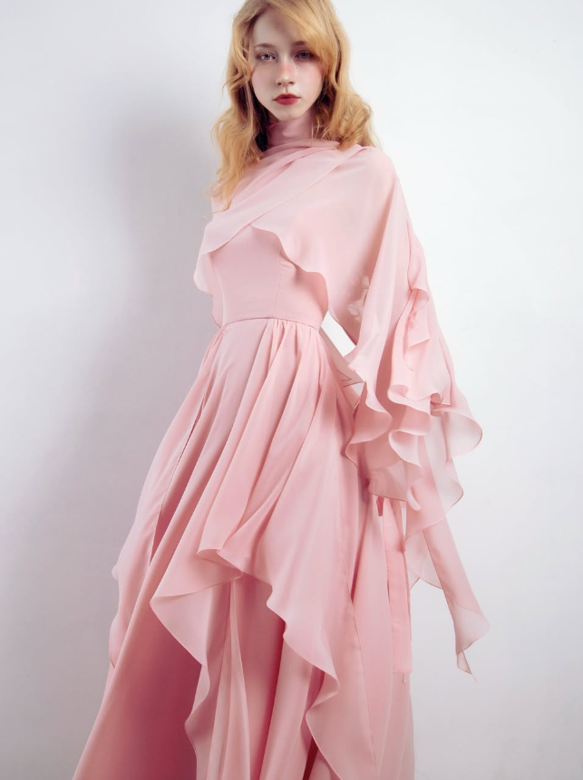 Pink A Line Straps Chiffon Slit Long Prom Dress Evening Dress with Cape SH3320