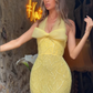 Cute Yellow Sheath Halter Beaded Bow Tulle Long Prom Dress Party Dress SH4815