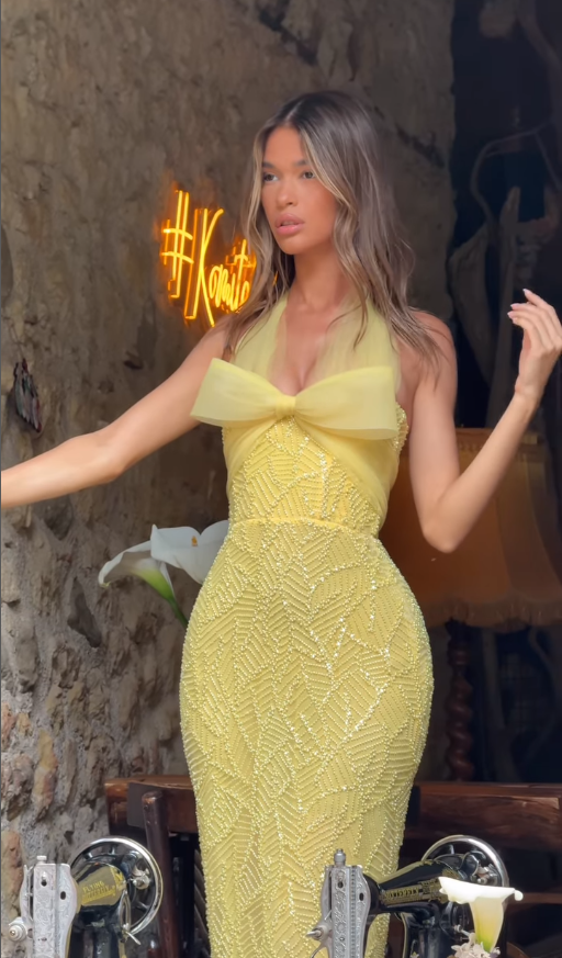 Cute Yellow Sheath Halter Beaded Bow Tulle Long Prom Dress Party Dress SH4815