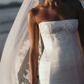 A Line Strapless White Appliques Satin Long Wedding Dress SH7144