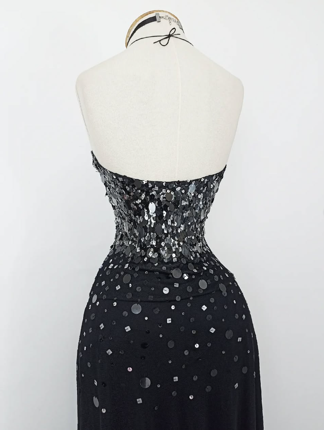 Retro A Line Spaghetti Strap Black Sequin Chiffon Evening Dress Party Dress SH3165