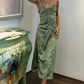 Green Vintage Printed Satin Party Dress Midi Length Formal Prom Dress  SH1246