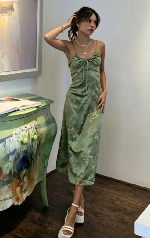 Green Vintage Printed Satin Party Dress Midi Length Formal Prom Dress  SH1246