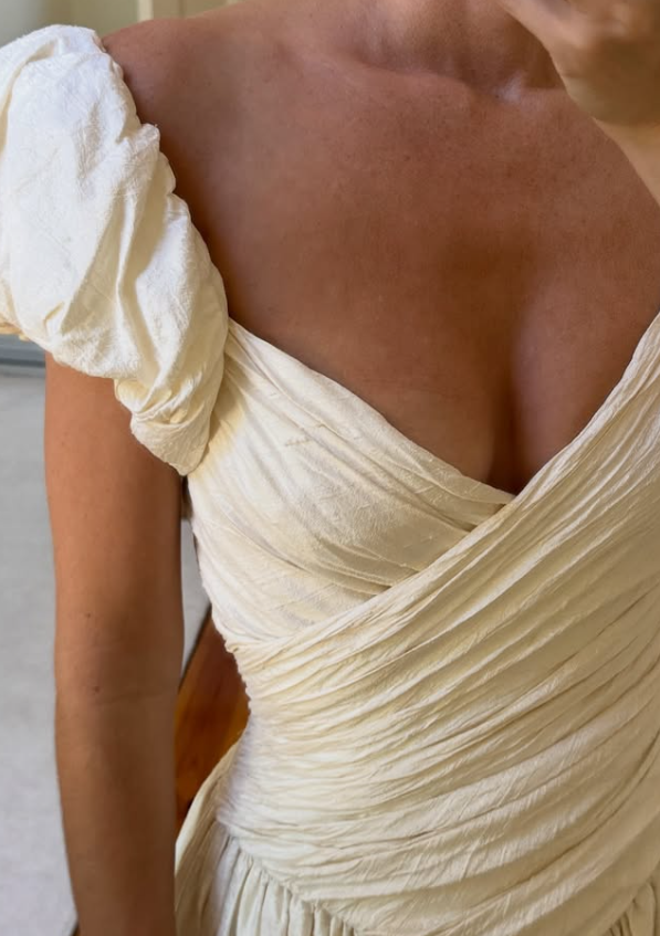 Vintage A Line Puff Sleeve Light Apricot Pleated Satin Wedding Dress SH8470