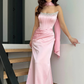 Sweety Pink Sheath Strapless Beaded Satin Prom Dress Wedding Guest Dress SH5419