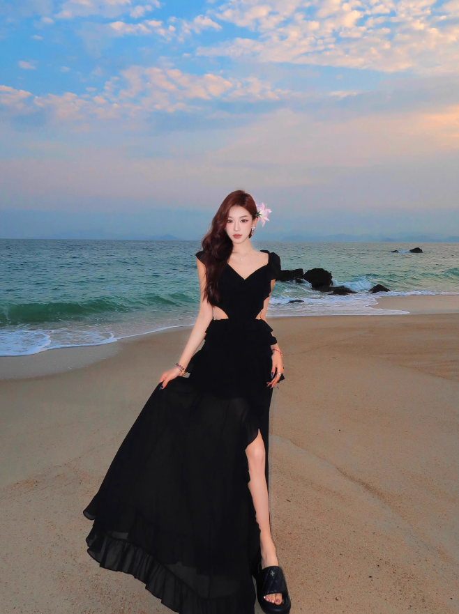 Black A Line V Neck Ruffle Chiffon Long Prom Dress Vacation Dress SH4377