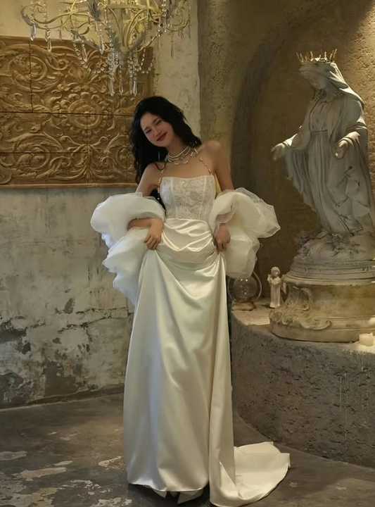 Elegant A Line Strapless White Lace Satin Long Sweep Prom Dress Wedding Dress SH4647